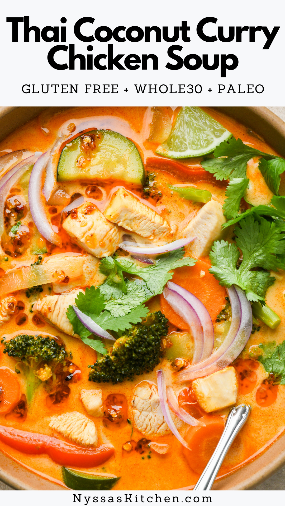 One of the best ways to warm up is with a hot bowl of Thai coconut curry chicken soup! Made with good for you ingredients like chicken breast, a wide variety of colorful vegetables, garlic, ginger, red (or green!) curry paste, and fresh lime juice. An easy to make dinner that is so good! Whole30, paleo friendly, gluten free, dairy free, vegan option.