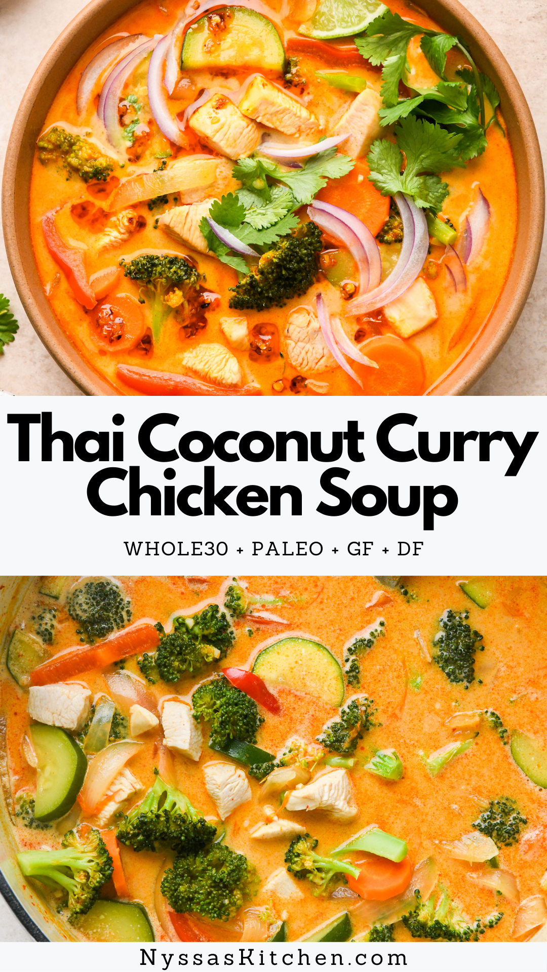 One of the best ways to warm up is with a hot bowl of Thai coconut curry chicken soup! Made with good for you ingredients like chicken breast, a wide variety of colorful vegetables, garlic, ginger, red (or green!) curry paste, and fresh lime juice. An easy to make dinner that is so good! Whole30, paleo friendly, gluten free, dairy free, vegan option.