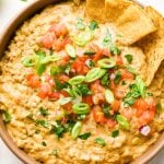 A large ceramic bowl filled with dairy free queso fundido with ground beef, topped with pico de gallo, cilantro, and thinly sliced green onions with some chips dipping into the dip.