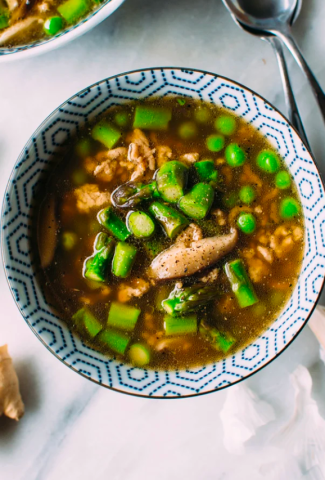 GINGERED PORK SOUP WITH GREEN SPRING VEGETABLES AND SZECHUAN BROTH {GLUTEN FREE + PALEO OPTION} -Cover image