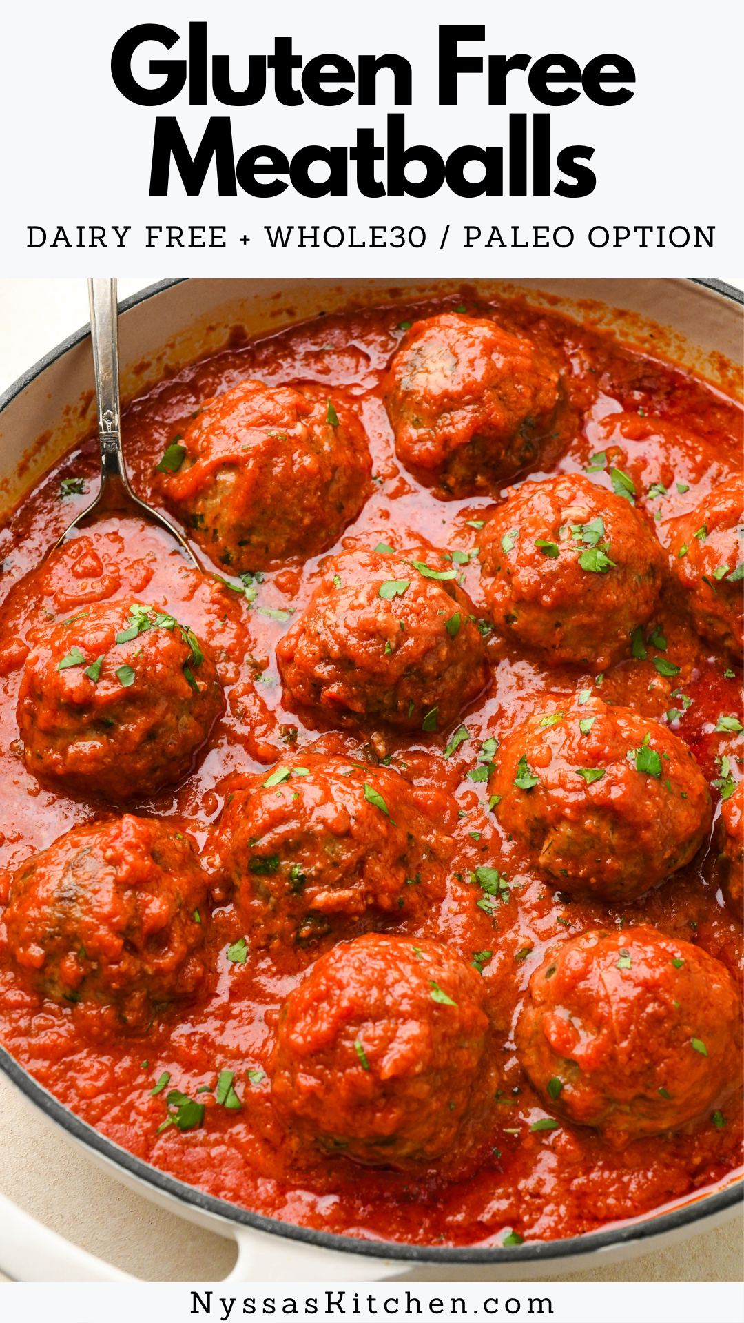 These gluten free meatballs are the perfect healthy comfort food! Made without breadcrumbs and just a handful of simple ingredients like ground beef, ground pork, almond flour, onions, parsley, and a flavorful blend of seasonings. The perfect thing to make when you're craving a hearty Italian inspired dinner! Gluten free, dairy free, paleo, Whole30 option.