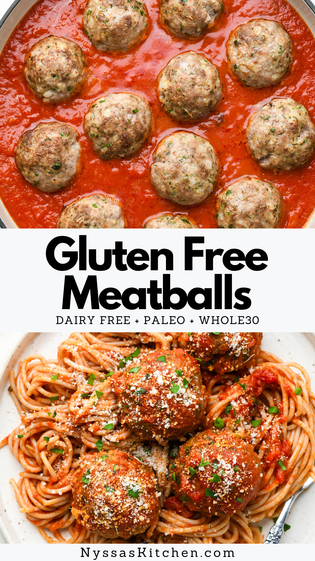 These gluten free meatballs are the perfect healthy comfort food! Made without breadcrumbs and just a handful of simple ingredients like ground beef, ground pork, almond flour, onions, parsley, and a flavorful blend of seasonings. The perfect thing to make when you're craving a hearty Italian inspired dinner! Gluten free, dairy free, paleo, Whole30 option.