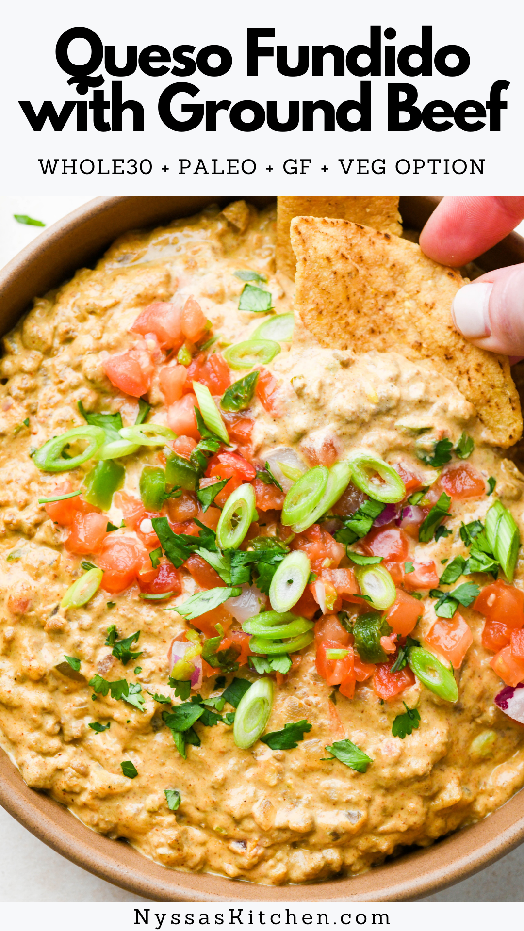 What could be better than dairy free queso fundido with ground beef?! The ultimate snack dip made with warm cashew cheese, crispy ground beef, smoky spices, and pico de gallo for a pop of bright, zippy flavor. No dairy means this version is Whole30 compatible, paleo, and gluten free. Can also be made vegan if you swap the meat for a meatless crumble!