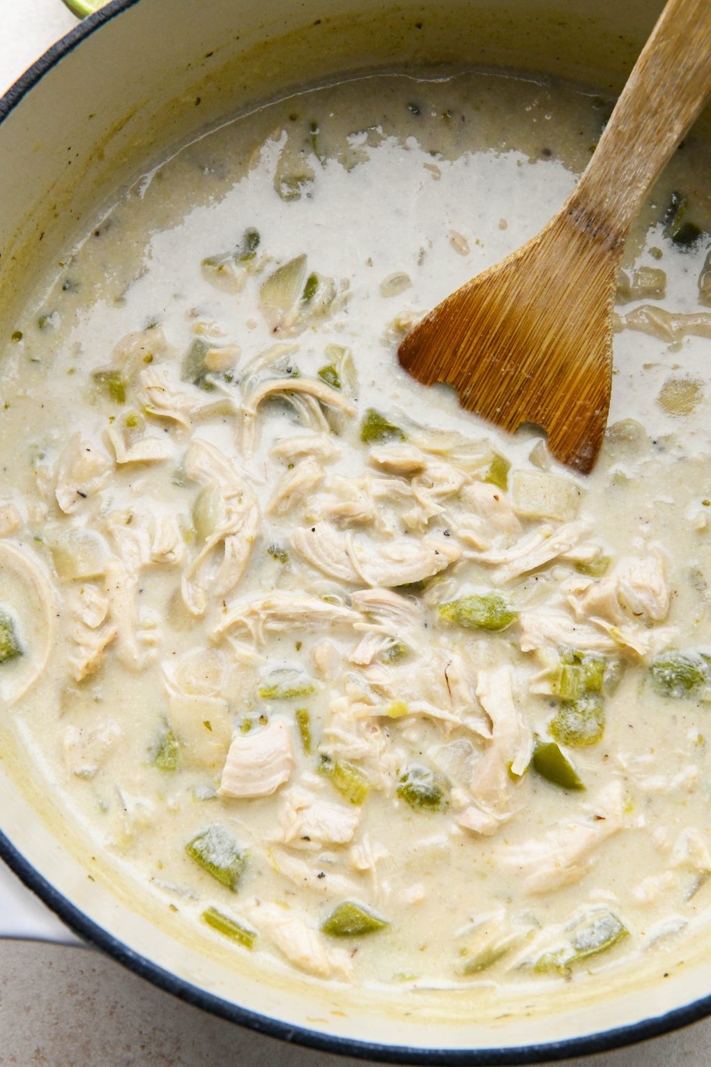 How to make Whole30 White Chicken Chili: Cashew cream stirred in and simmered with the soup to thicken.