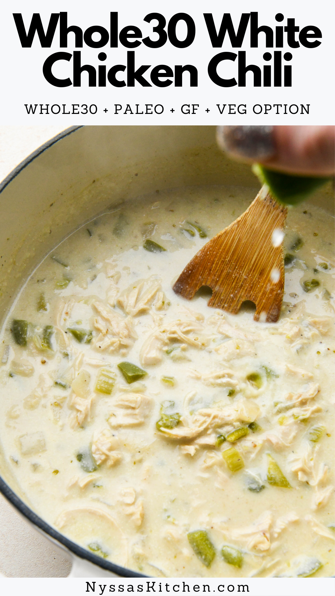 This Whole30 white chicken chili is the perfect easy to make soup for those cold weather days! Made with two kinds of peppers, onions, garlic, a homemade seasoning blend, shredded chicken, and dairy free cashew cream. A healthy and satisfying twist on a southwest classic! Paleo, Whole30, dairy free, gluten free, vegan option.