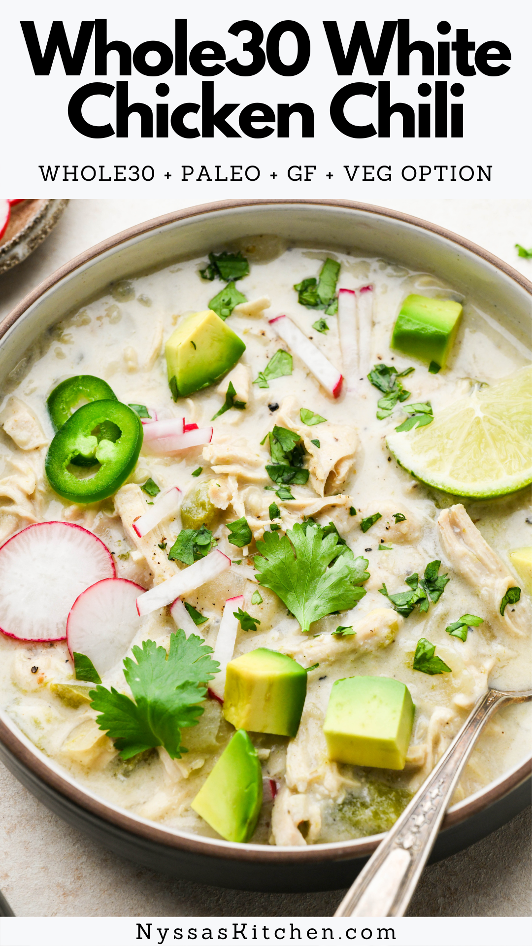 This Whole30 white chicken chili is the perfect easy to make soup for those cold weather days! Made with two kinds of peppers, onions, garlic, a homemade seasoning blend, shredded chicken, and dairy free cashew cream. A healthy and satisfying twist on a southwest classic! Paleo, Whole30, dairy free, gluten free, vegan option.