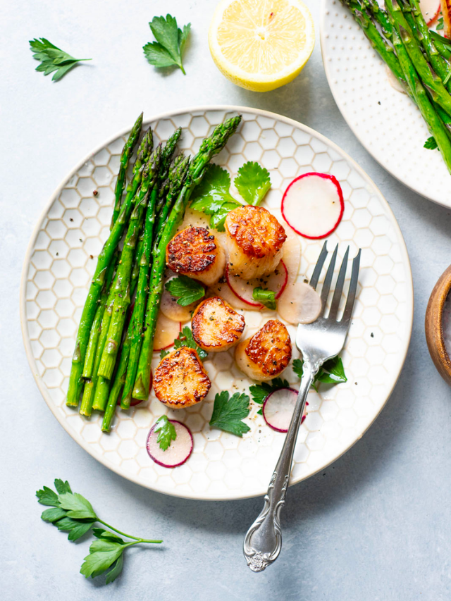 30 Minute Scallops With A Radish Salad And Asparagus {WHOLE30 + PALEO