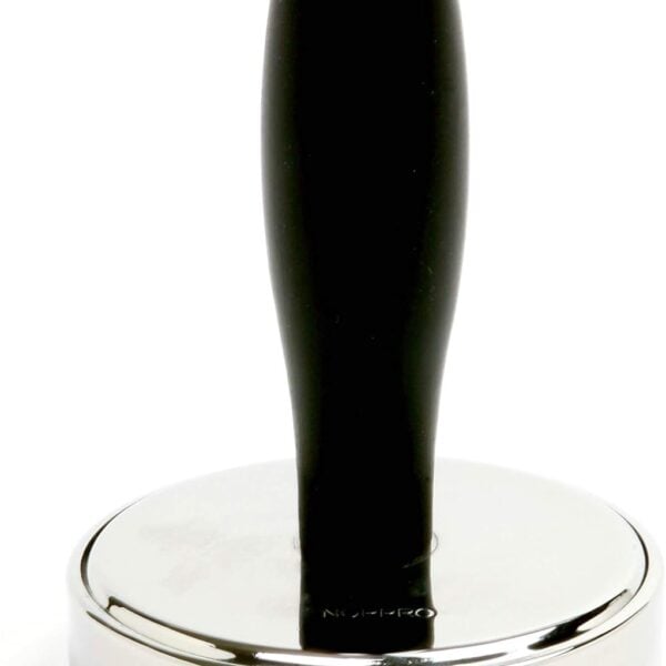 A stainless steel meat pounder with a flat, round base and a black, ergonomic handle.
