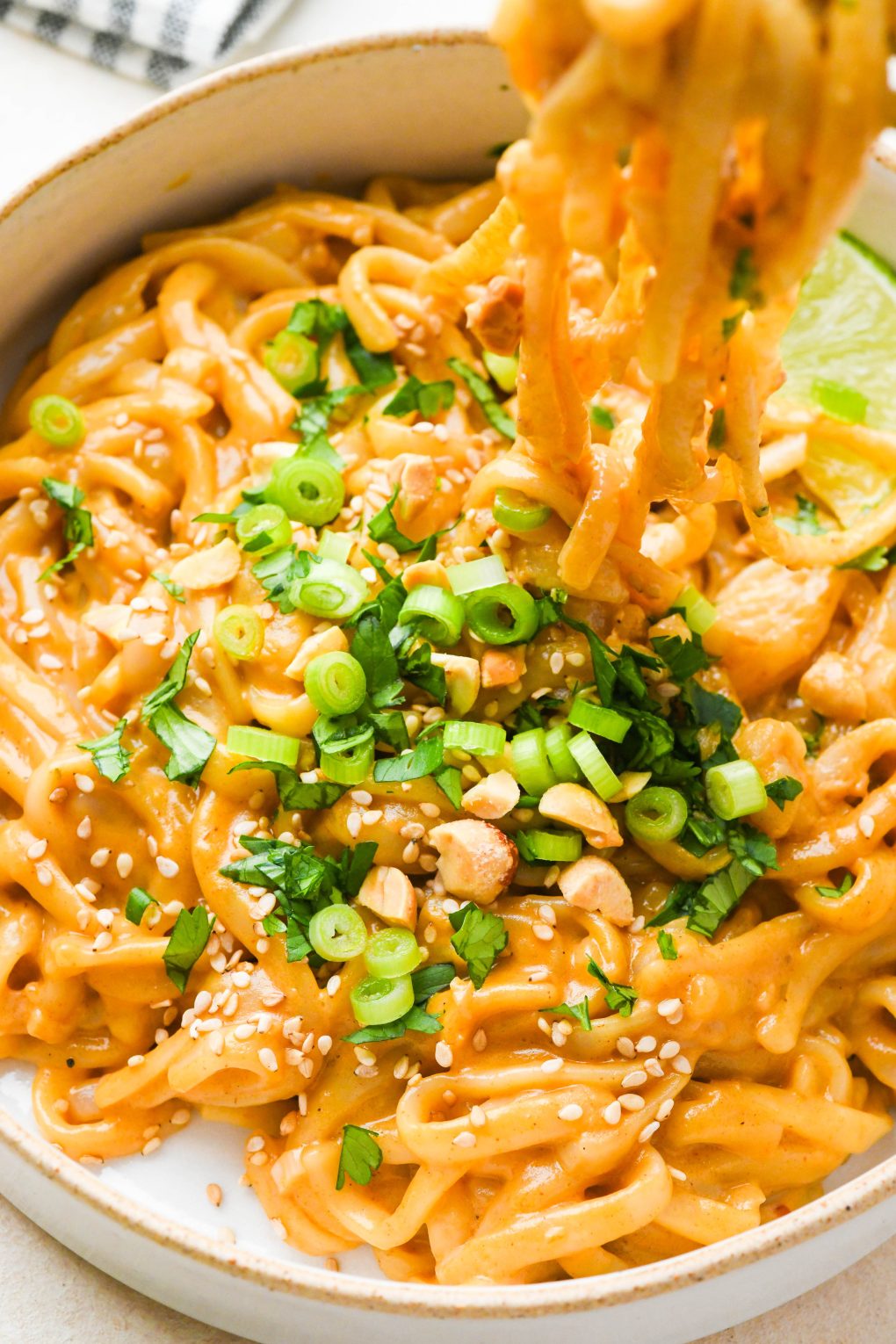 Red curry peanut noodles piled into a small ceramic bowl and topped with cilantro, green onions, sesame seeds, and chopped peanuts. A fork is lifting out a bite from the tangle of noodles.