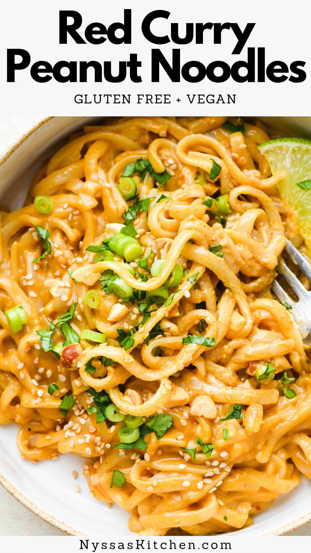 These red curry peanut noodles are a satisfying Thai inspired dish that is so versatile and delicious! Made with gluten free rice noodles, red curry paste, coconut milk, and peanut butter, and ready in less than 30 minutes. Vegan, gluten free, and dairy free.