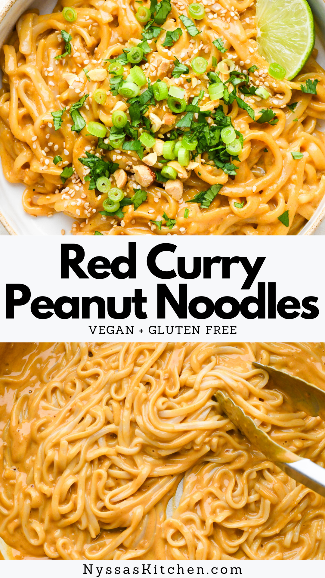 These red curry peanut noodles are a satisfying Thai inspired dish that is so versatile and delicious! Made with gluten free rice noodles, red curry paste, coconut milk, and peanut butter, and ready in less than 30 minutes. Vegan, gluten free, and dairy free.