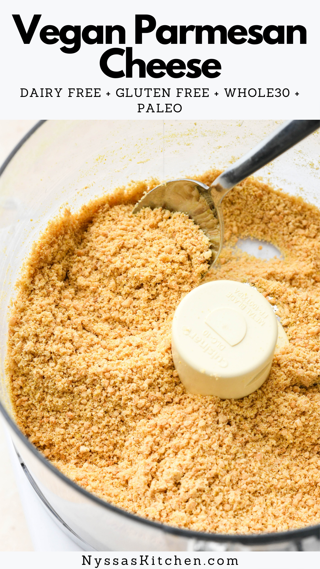 This homemade vegan parmesan cheese is the ultimate dairy free alternative for parm. It is healthy, savory, made with just 5 ingredients, and keeps well in the refrigerator for several weeks at a time. Vegan, gluten free, dairy free, paleo, and Whole30 compatible.