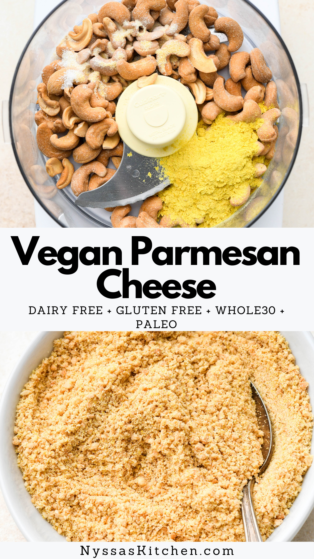 This homemade vegan parmesan cheese is the ultimate dairy free alternative for parm. It is healthy, savory, made with just 5 ingredients, and keeps well in the refrigerator for several weeks at a time. Vegan, gluten free, dairy free, paleo, and Whole30 compatible.