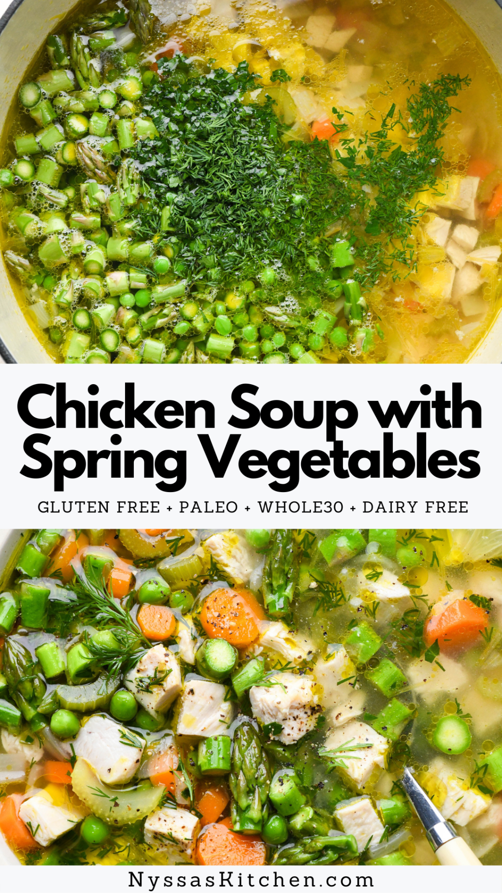 Pinterest pin for Chicken Soup with Spring Vegetables