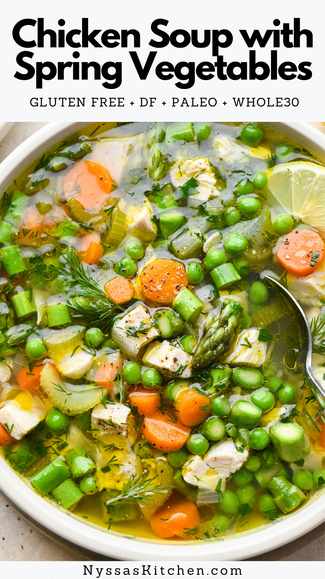 Chicken soup with spring vegetables is a delicious, nutrient dense soup that bridges the gap between the chilly days of winter and the fresh produce of springtime. Made with all the veggies you love in a traditional chicken soup, with the addition of peas, asparagus, fresh dill, and a burst of bright lemon juice. Protein rich and so satisfying! Whole30, paleo friendly, gluten free, and dairy free.