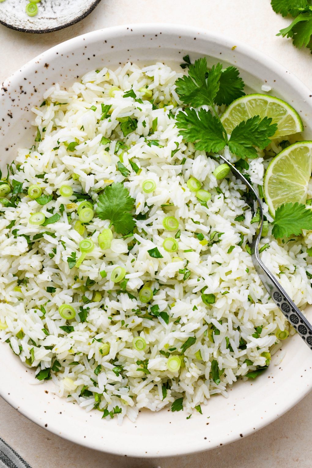 A large speckled ceramic bowl of cilantro lime rice, topped with thinly sliced green onion, cilantro leaves, and lime wedges. 