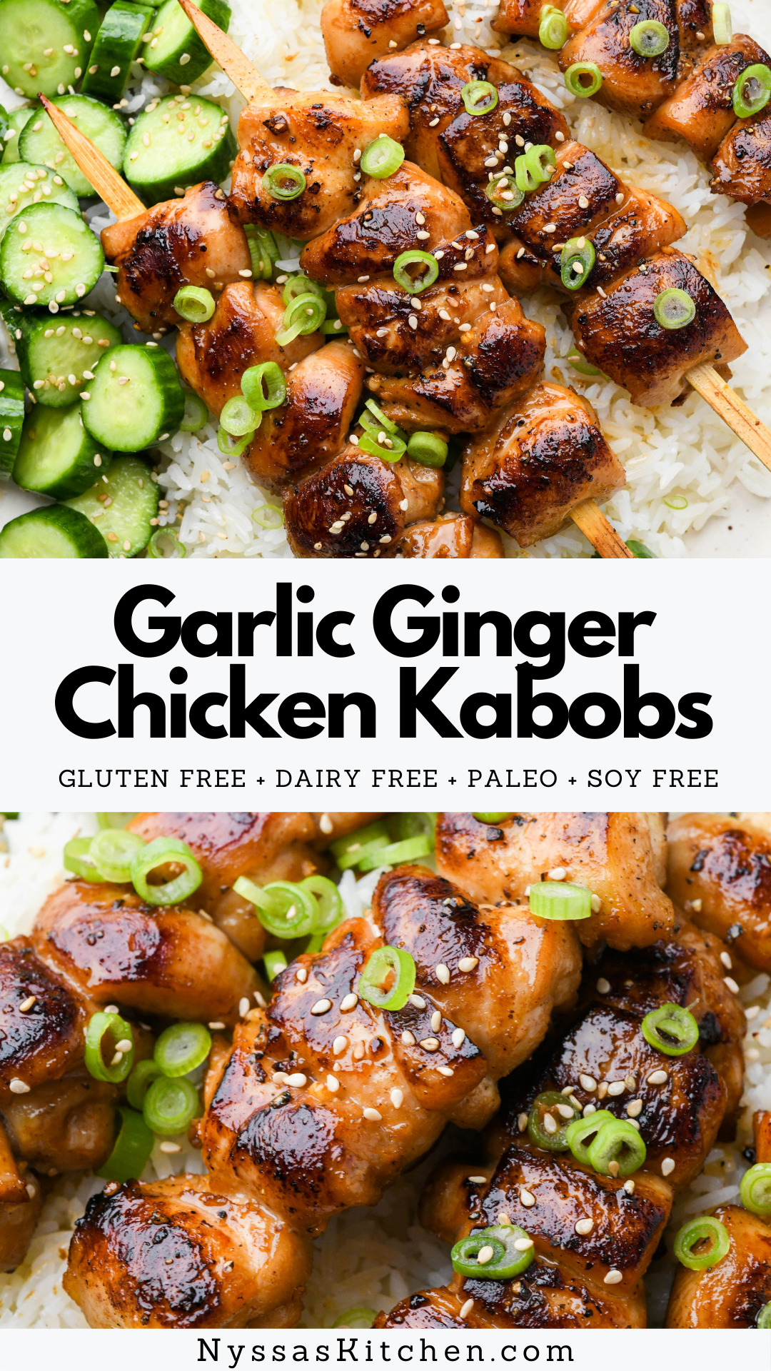 These garlic ginger chicken kabobs are such a flavorful and delicious Asian inspired kebab recipe! Made with juicy chicken thighs and an easy soy free marinade, and just as easy to make in the oven as they are to throw on the grill. A real crowd pleaser that you've got to try this summer at a family BBQ! Gluten free, paleo, dairy free, Whole30 option.