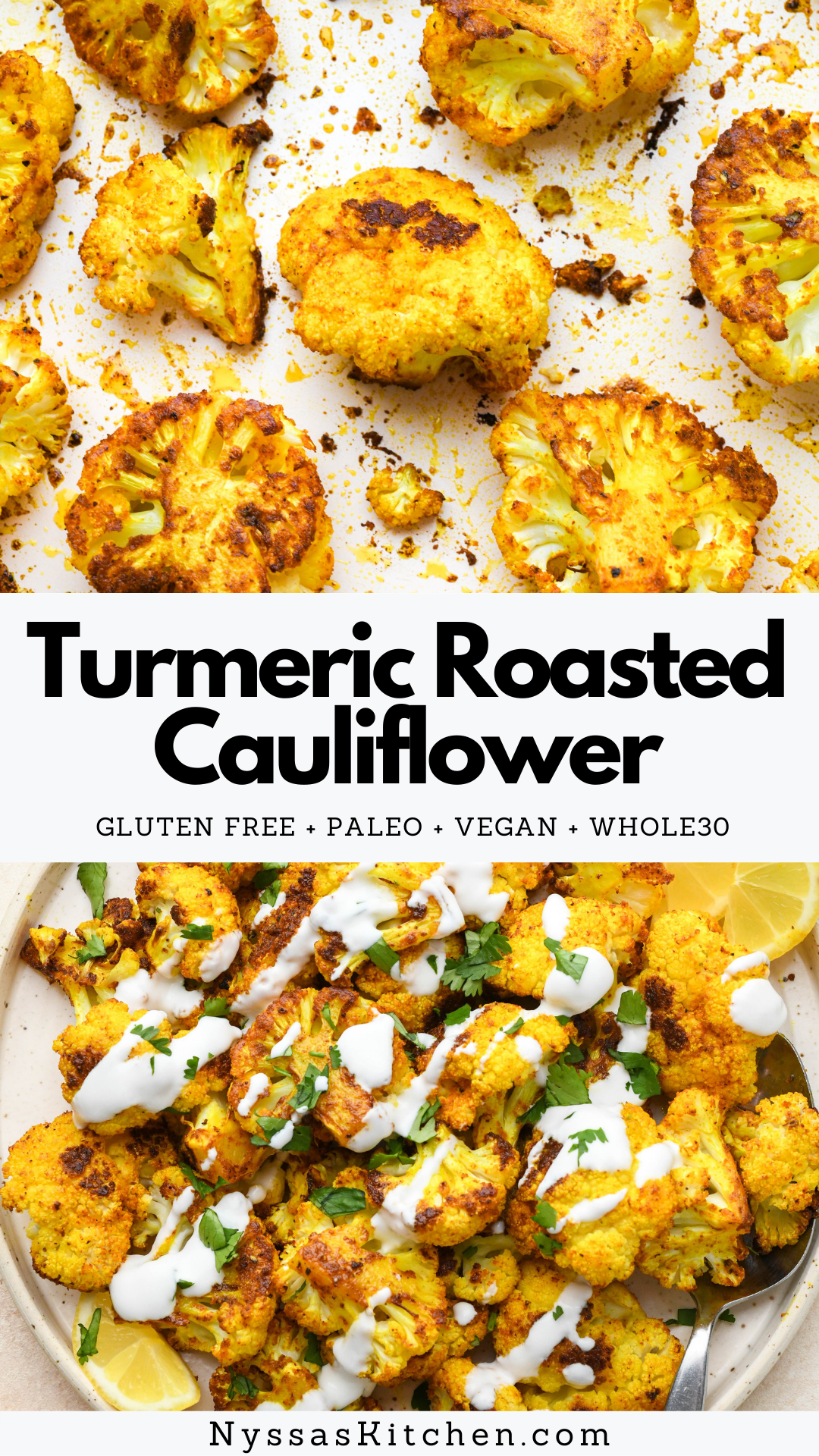 Turmeric roasted cauliflower is a vibrant, healthy veggie recipe that is bursting with flavor! Made with cauliflower florets and a simple spice blend, it's the perfect easy side for any meal. Easy to make and so delicious. Gluten free, vegan, dairy free, vegetarian, paleo, and Whole30 compatible.