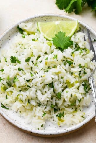 A small speckled ceramic plate of cilantro lime rice, topped with thinly sliced green onion, cilantro leaves, and lime wedges.