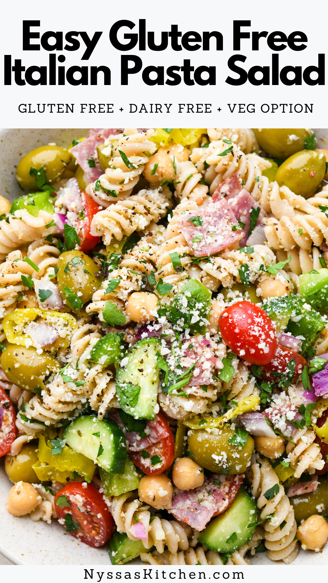 This fresh and easy gluten free Italian pasta salad is the best satisfying side dish! Made with a mouthwatering homemade Italian dressing (with no mayo), fresh veggies, herbs, parmesan cheese, olives, and sliced salami or pepperoni. Perfect for summer BBQ's! Vegan, vegetarian and dairy free option.