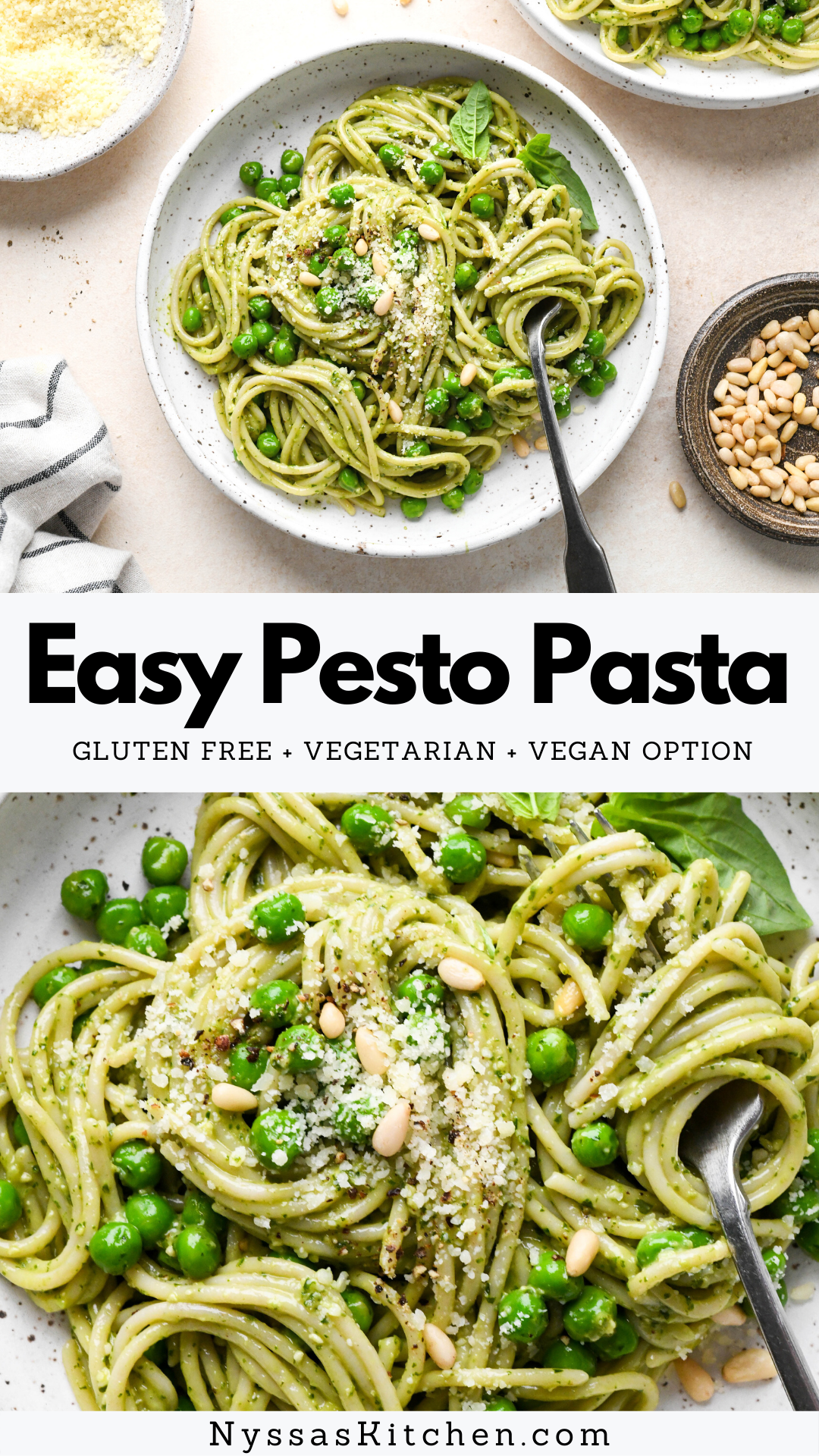 Easy pesto pasta is the perfect weeknight recipe! It's ready in less than 30 minutes and full of bold flavors. Option to make it dairy free / vegan, and customize it with whatever protein or veggies you like! Gluten free, vegetarian, vegan option.