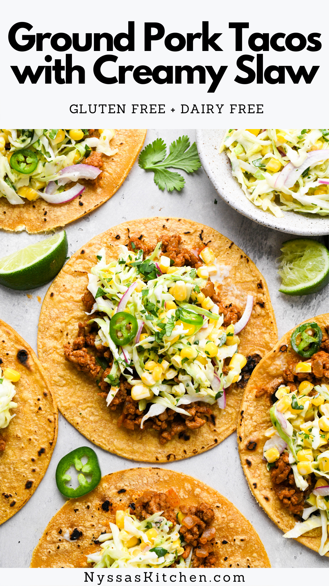 These ground pork tacos with creamy slaw are a simple and flavorful meal that is ready in less than 30 minutes! Perfect for taco night with the family and easy enough to make for a crowd. Made with a simple seasoning blend and a super creamy cabbage slaw with corn, cilantro, jalapeño, and lime. They are irresistibly delicious! Gluten free, dairy free, paleo option, and Whole30 option.