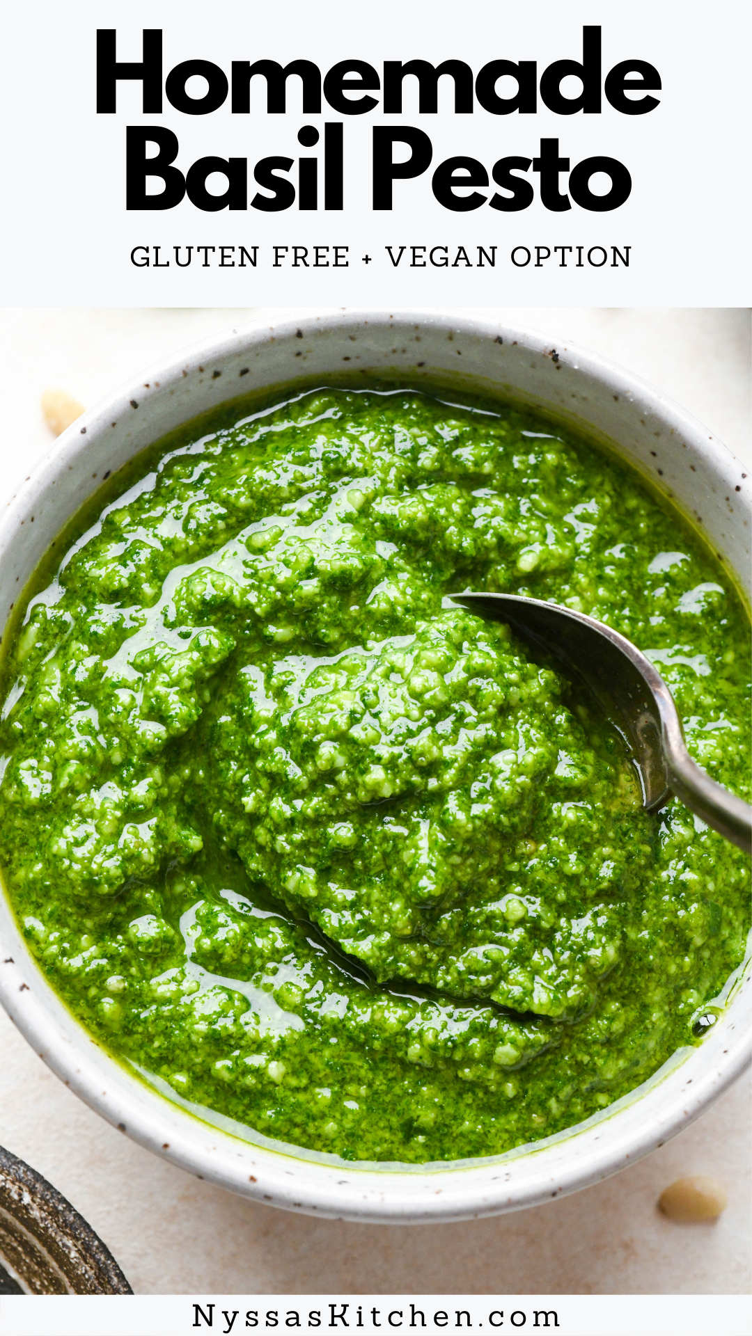 Homemade basil pesto is a versatile and easy to make sauce that tastes so much better than store bought! It's creamy, bursting with fresh flavors, and ready in less than 5 minutes. Perfect for everything from pesto pasta, to sandwiches, on pizza, with roasted veggies, in salads, to your favorite grilled protein. Gluten free, vegan / dairy free / paleo / Whole30 option.