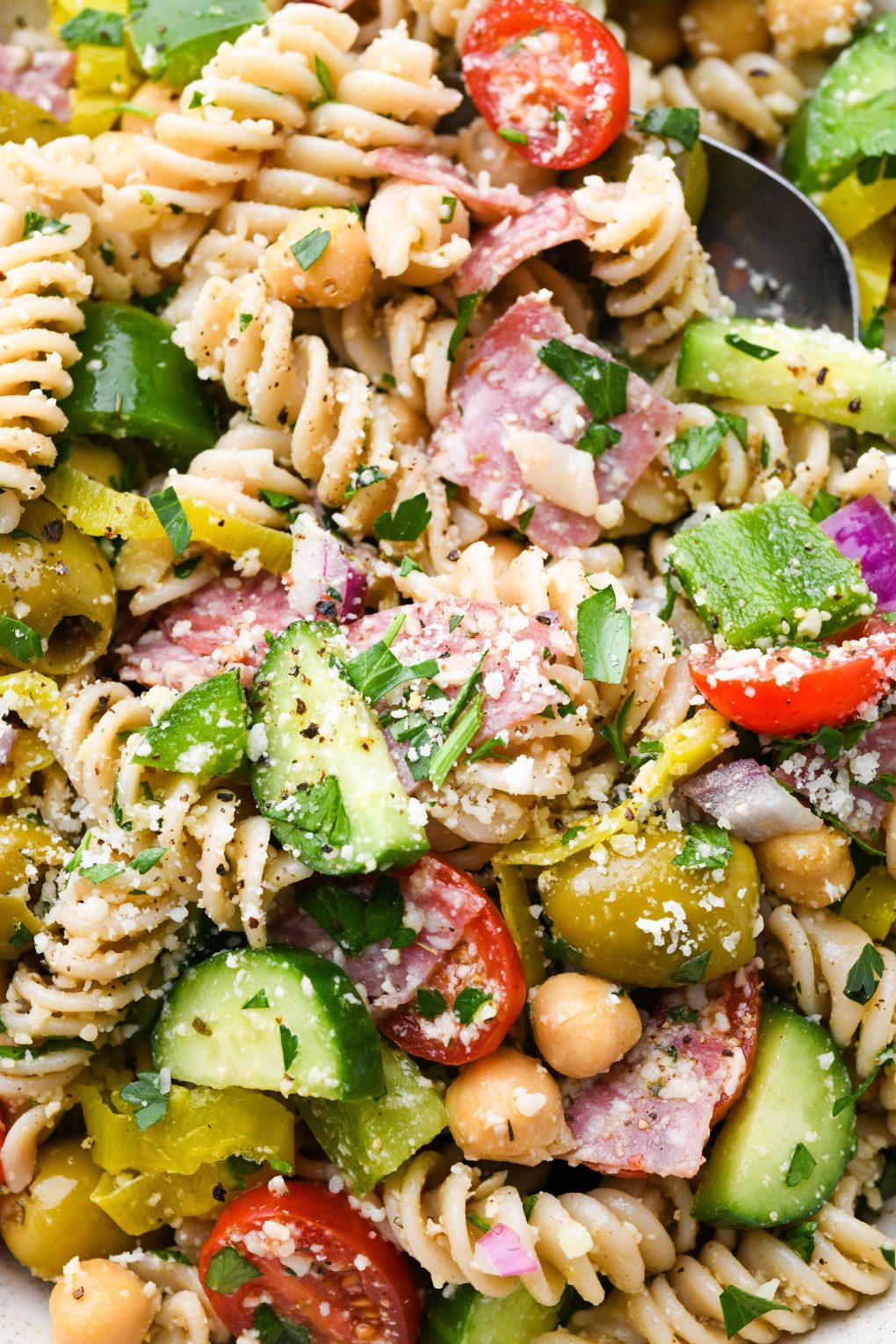 Very close up shot of the details of Easy Gluten Free Italian Pasta Salad