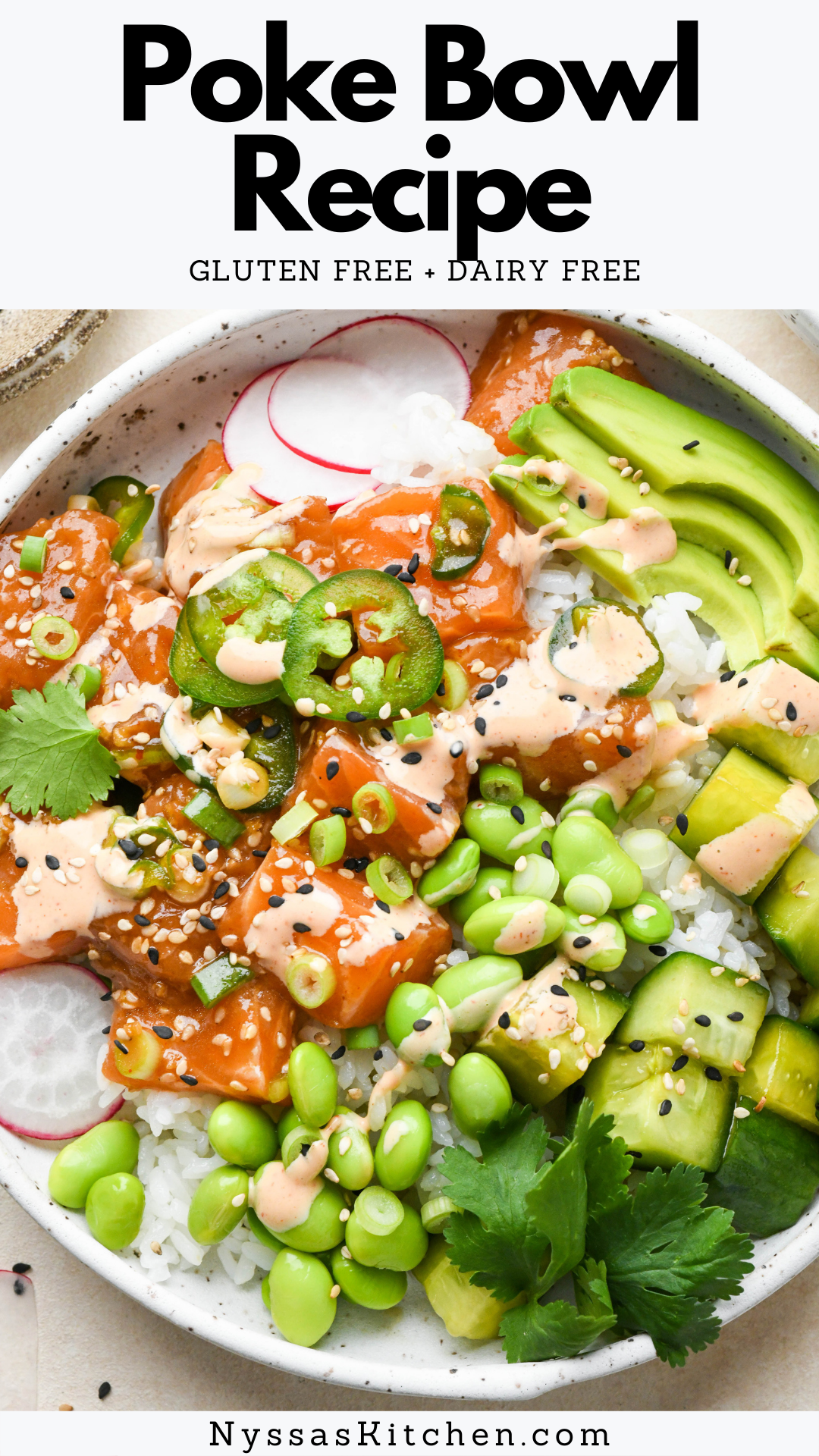 A poke bowl recipe that's flavorful and easy to make at home! Made with sushi grade salmon (or tuna) marinated in a simple sauce of coconut aminos, sesame oil, and rice vinegar. Served over rice with lots of delicious toppings and a simple spicy mayo. Easy to personalize and the best fresh lunch or dinner. Makes 2 poke bowls, but recipe can easily be doubled. Gluten free, dairy free, Whole30 / paleo option.