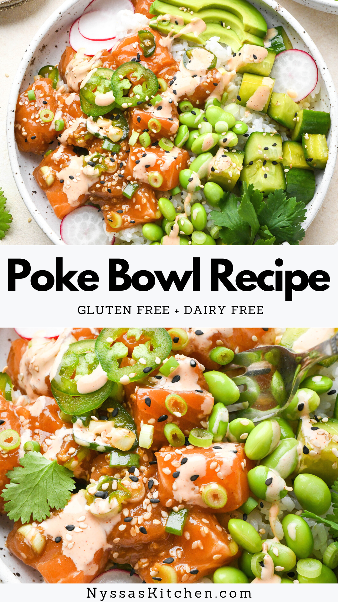 A poke bowl recipe that's flavorful and easy to make at home! Made with sushi grade salmon (or tuna) marinated in a simple sauce of coconut aminos, sesame oil, and rice vinegar. Served over rice with lots of delicious toppings and a simple spicy mayo. Easy to personalize and the best fresh lunch or dinner. Makes 2 poke bowls, but recipe can easily be doubled. Gluten free, dairy free, Whole30 / paleo option.