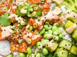 Salmon Poke Bowl with Spicy Mayo (Gluten-Free) - Eat the Gains