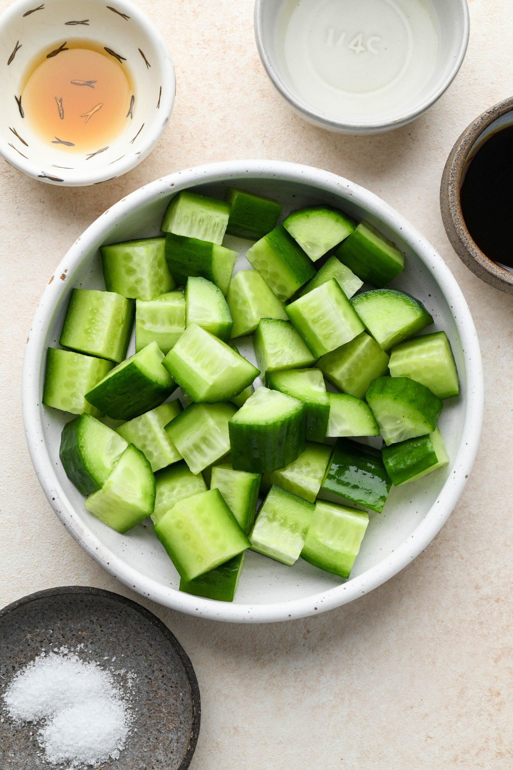 Ingredients for poke bowl recipe: Cucumber salad ingredients.