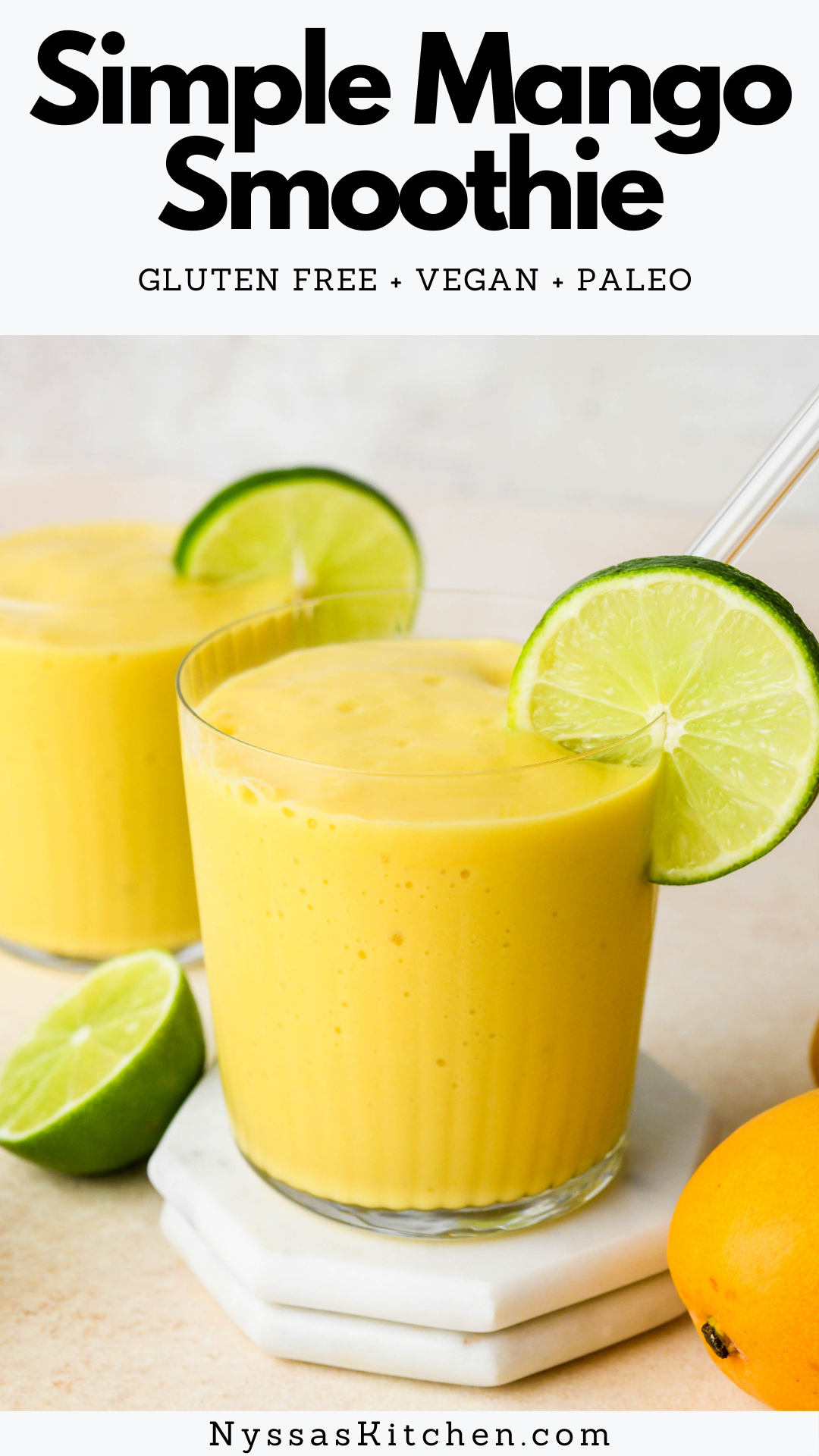 This simple mango smoothie is creamy and refreshing and made with only 5 ingredients and no yogurt! It's a great addition to any breakfast spread and the perfect afternoon snack. Made with fresh or frozen mango, banana (I include an option to make without banana, too!), lime juice, and dairy free milk. Gluten free, dairy free, vegan, and paleo.