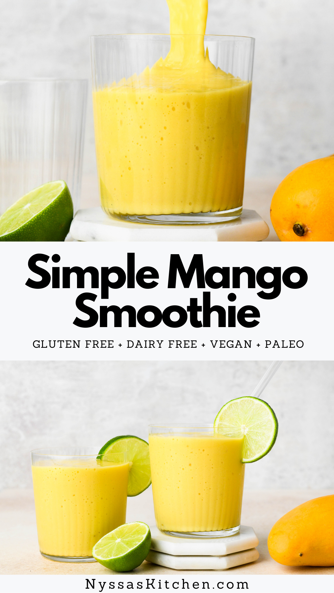 This simple mango smoothie is creamy and refreshing and made with only 5 ingredients and no yogurt! It's a great addition to any breakfast spread and the perfect afternoon snack. Made with fresh or frozen mango, banana (I include an option to make without banana, too!), lime juice, and dairy free milk. Gluten free, dairy free, vegan, and paleo.
