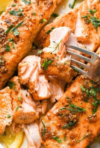 Close up of a plate of perfectly cooked salmon filets, with a fork picking up a bite of salmon..