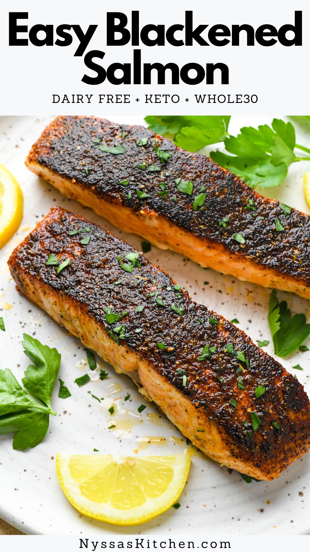 This blackened salmon is a bold and flavorful way to cook salmon for your next family dinner! Made with a simple homemade blackening seasoning and baked in the oven until perfectly cooked. The recipe makes two servings but can easily be doubled to serve four! Gluten free, dairy free, Whole30, paleo, and keto friendly.