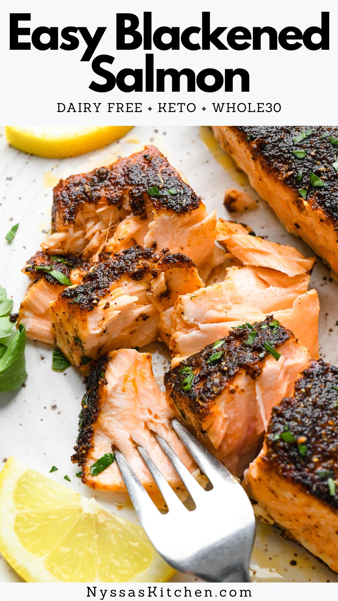 This blackened salmon is a bold and flavorful way to cook salmon for your next family dinner! Made with a simple homemade blackening seasoning and baked in the oven until perfectly cooked. The recipe makes two servings but can easily be doubled to serve four! Gluten free, dairy free, Whole30, paleo, and keto friendly.