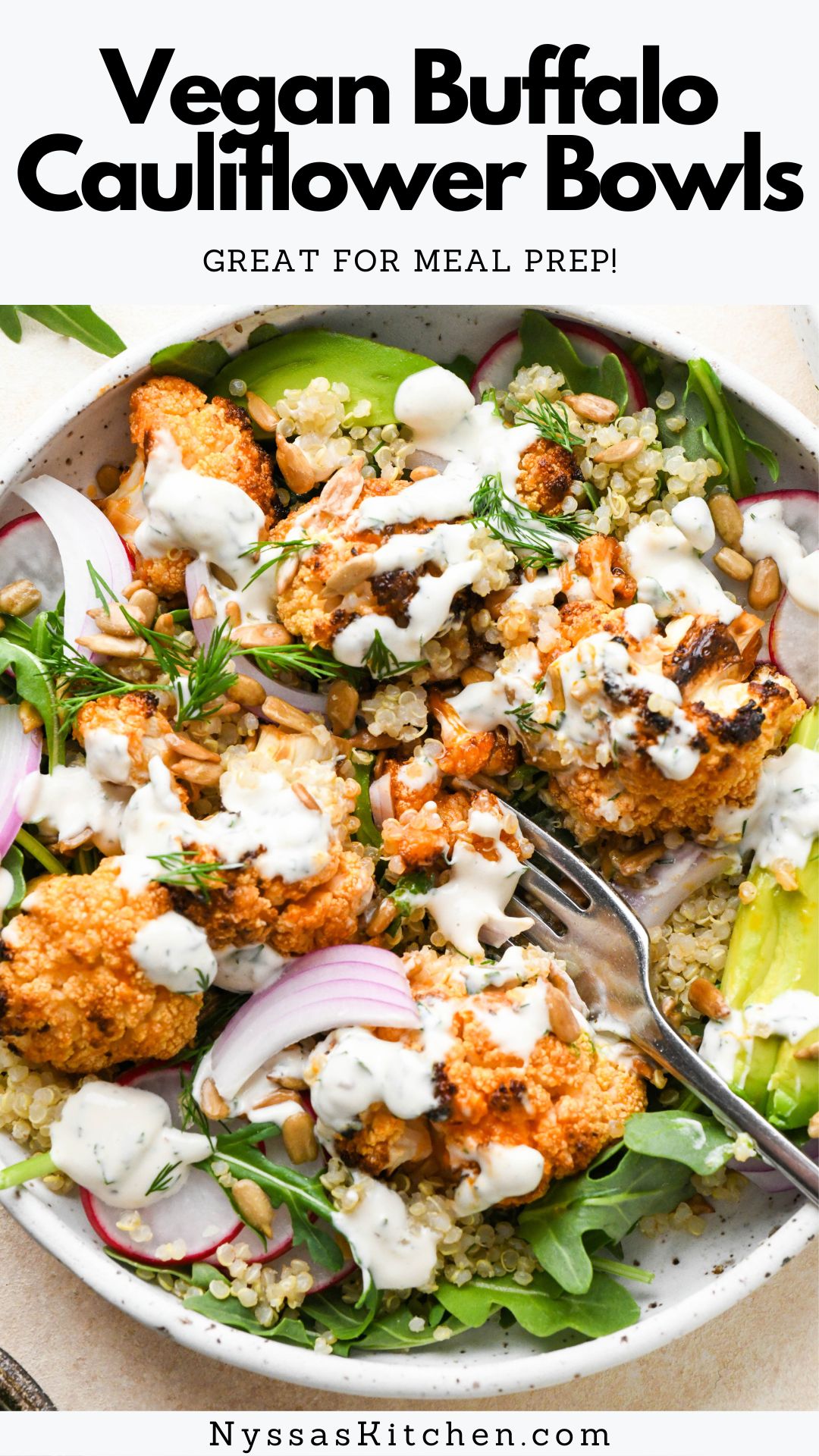 Vegan buffalo roasted cauliflower bowls are the meatless weeknight meal that you need! Made with hearty and healthy ingredients like arugula, quinoa, buffalo roasted cauliflower, avocado, radish, sunflower seeds, and an irresistible vegan ranch dressing. Vibrant, easy to make, and so delicious! Vegan, vegetarian, gluten free, dairy free.