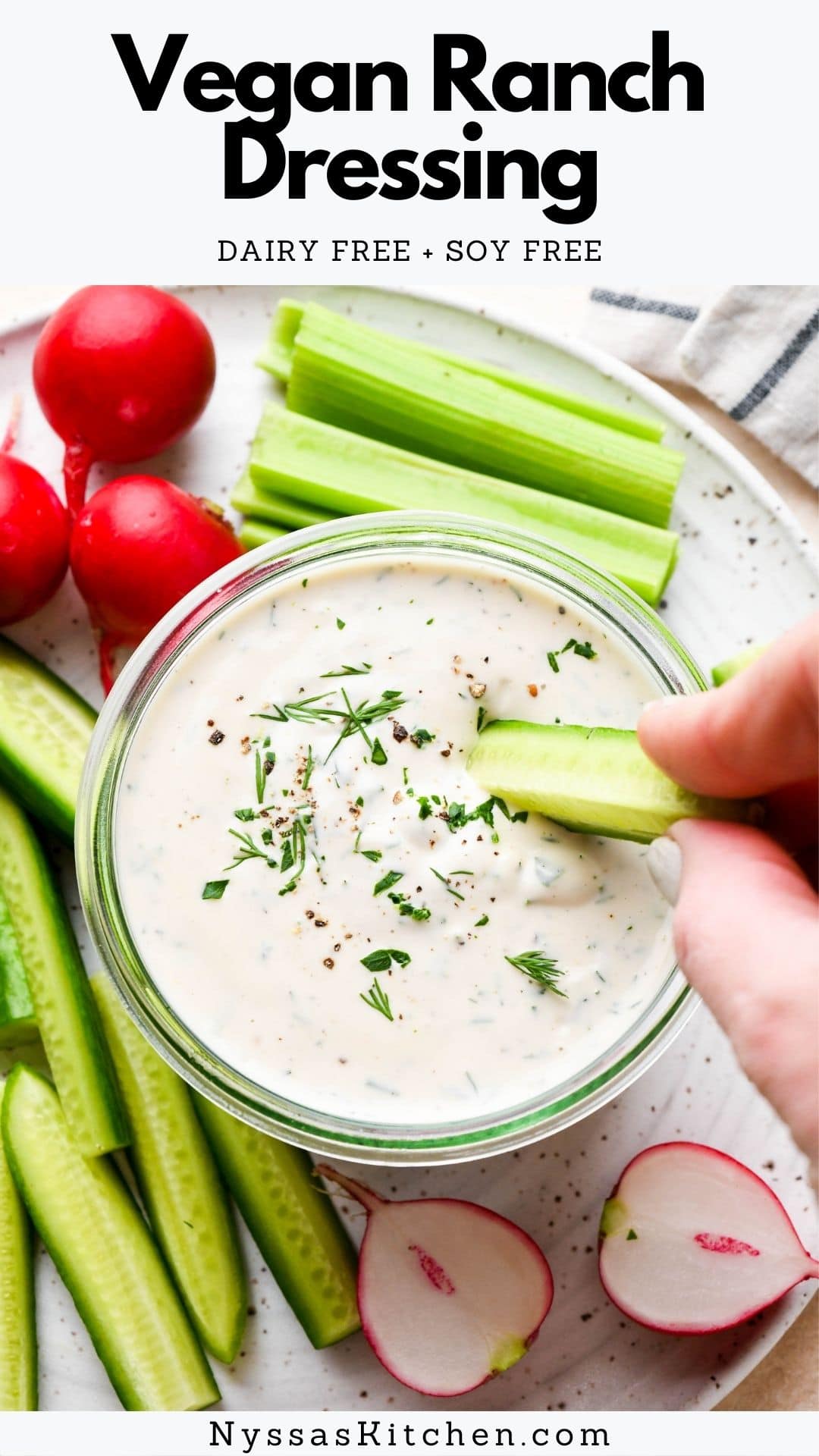 This homemade vegan ranch dressing is thick, creamy, and irresistibly tangy! Made with real plant based ingredients that you probably already have in your pantry like cashews, a simple seasoning blend, and herbs. A perfect dip for fries, veggies, pizza, burgers, or as a delicious salad dressing! Vegan, vegetarian, Whole30, paleo, raw, oil free, dairy free, soy free, and gluten free.