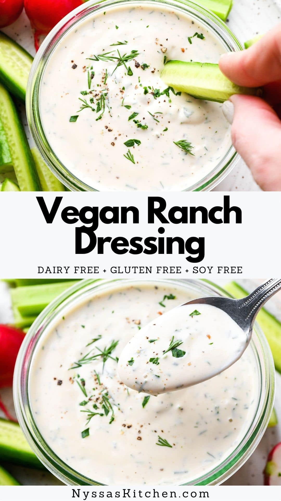 This homemade vegan ranch dressing is thick, creamy, and irresistibly tangy! Made with real plant based ingredients that you probably already have in your pantry like cashews, a simple seasoning blend, and herbs. A perfect dip for fries, veggies, pizza, burgers, or as a delicious salad dressing! Vegan, vegetarian, Whole30, paleo, raw, oil free, dairy free, soy free, and gluten free.