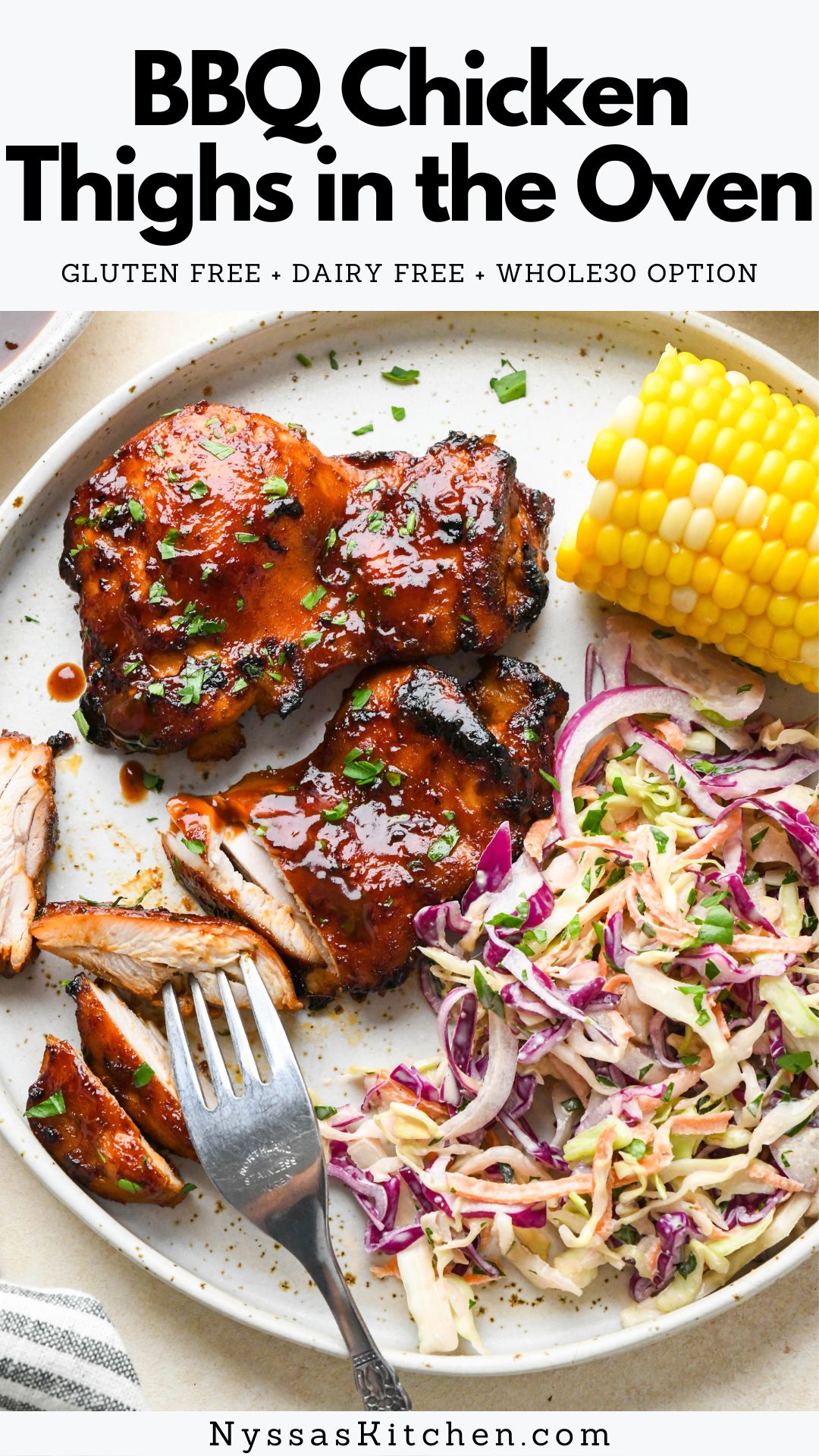 Delicious barbecue chicken is possible without a grill with this recipe for BBQ chicken thighs in the oven! Made with a boneless skinless chicken thighs, a simple seasoning blend, and your favorite bbq sauce. Sticky, lightly charred, and super easy to make. Gluten free, dairy free, Whole30 / paleo option.