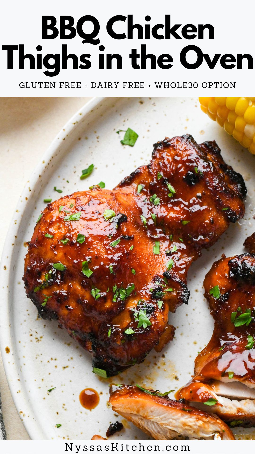 Delicious barbecue chicken is possible without a grill with this recipe for BBQ chicken thighs in the oven! Made with a boneless skinless chicken thighs, a simple seasoning blend, and your favorite bbq sauce. Sticky, lightly charred, and super easy to make. Gluten free, dairy free, Whole30 / paleo option.
