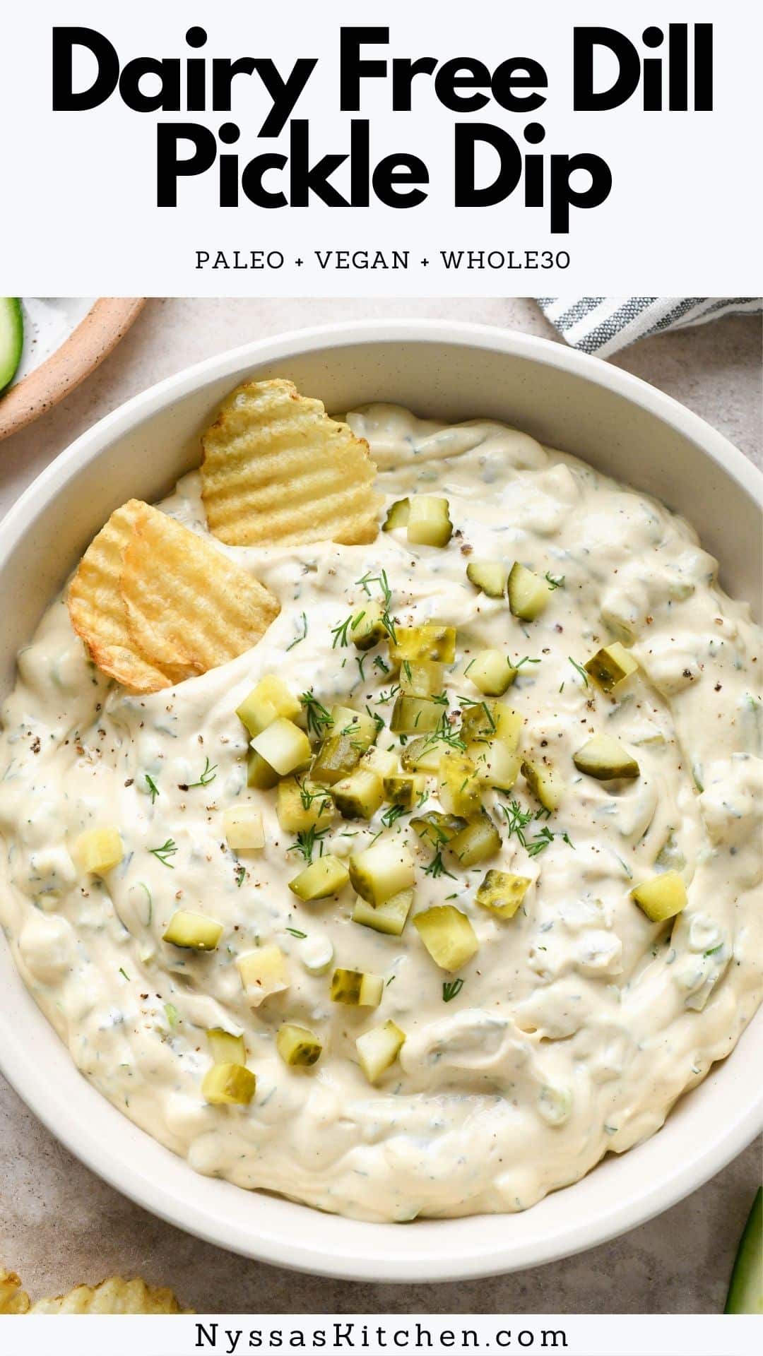 This dairy free dill pickle dip is a delicious version of every pickle lovers dream dip! No sour cream, cream cheese, or dairy needed for a super creamy texture. Perfect for snacking, potlucks, and summer bbq's. Made with raw cashews, coconut aminos, nutritional yeast, dried spices, fresh dill, and plenty of pickles! Dairy free, vegan, paleo, and Whole30 compatible.