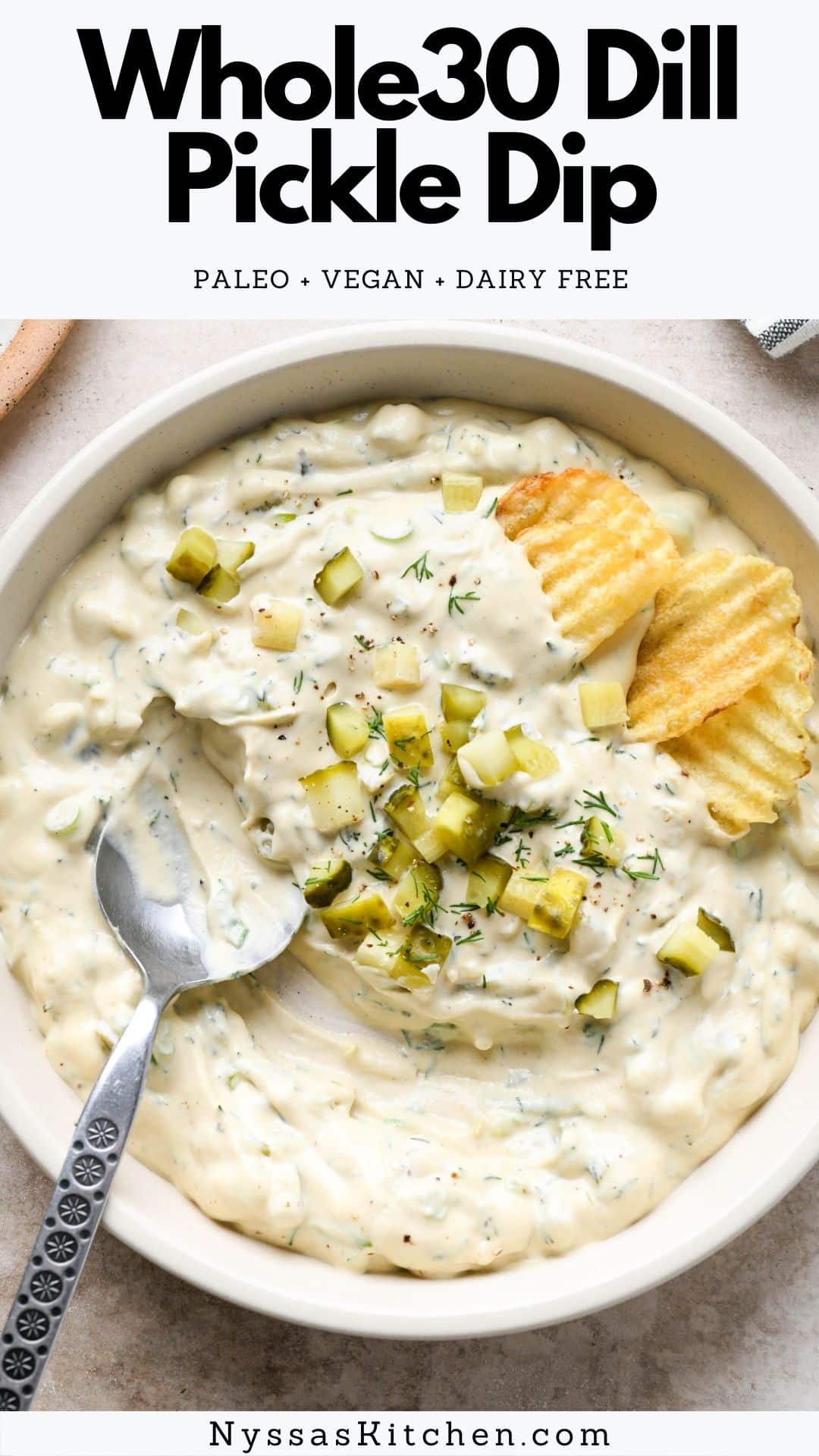 This dairy free dill pickle dip is a delicious version of every pickle lovers dream dip! No sour cream, cream cheese, or dairy needed for a super creamy texture. Perfect for snacking, potlucks, and summer bbq's. Made with raw cashews, coconut aminos, nutritional yeast, dried spices, fresh dill, and plenty of pickles! Dairy free, vegan, paleo, and Whole30 compatible.