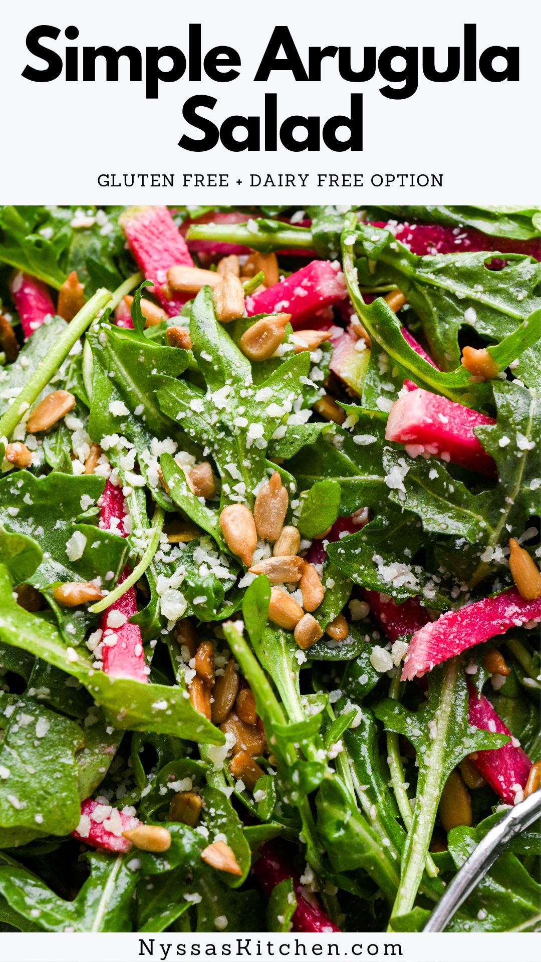 This fresh and simple arugula salad is the best salad to throw together when you're short on time but want something green on your lunch or dinner plate! Made with nutrient dense arugula, thinly sliced radish, sunflower seeds, parmesan cheese, and a simple lemony dressing. Gluten free and easily made dairy free / vegan.