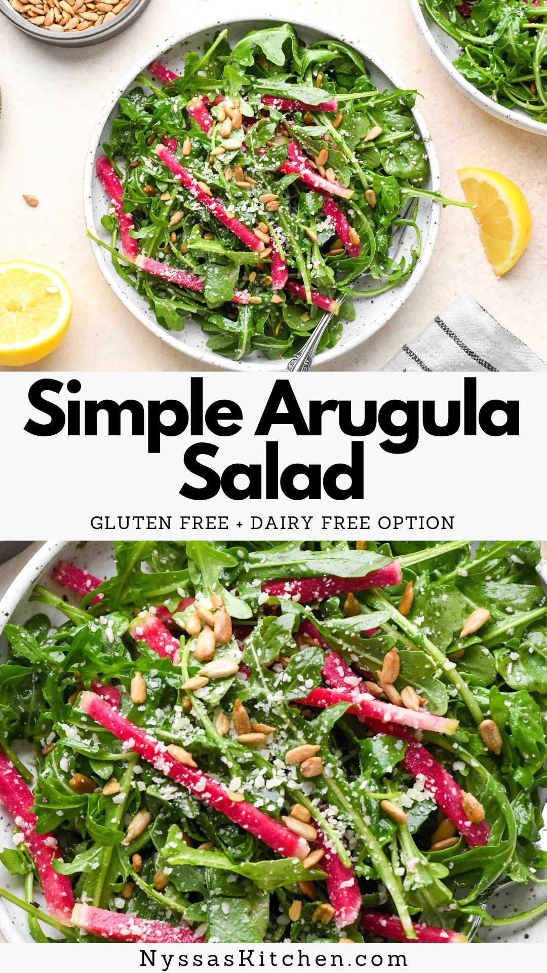 This fresh and simple arugula salad is the best salad to throw together when you're short on time but want something green on your lunch or dinner plate! Made with nutrient dense arugula, thinly sliced radish, sunflower seeds, parmesan cheese, and a simple lemony dressing. Gluten free and easily made dairy free / vegan.