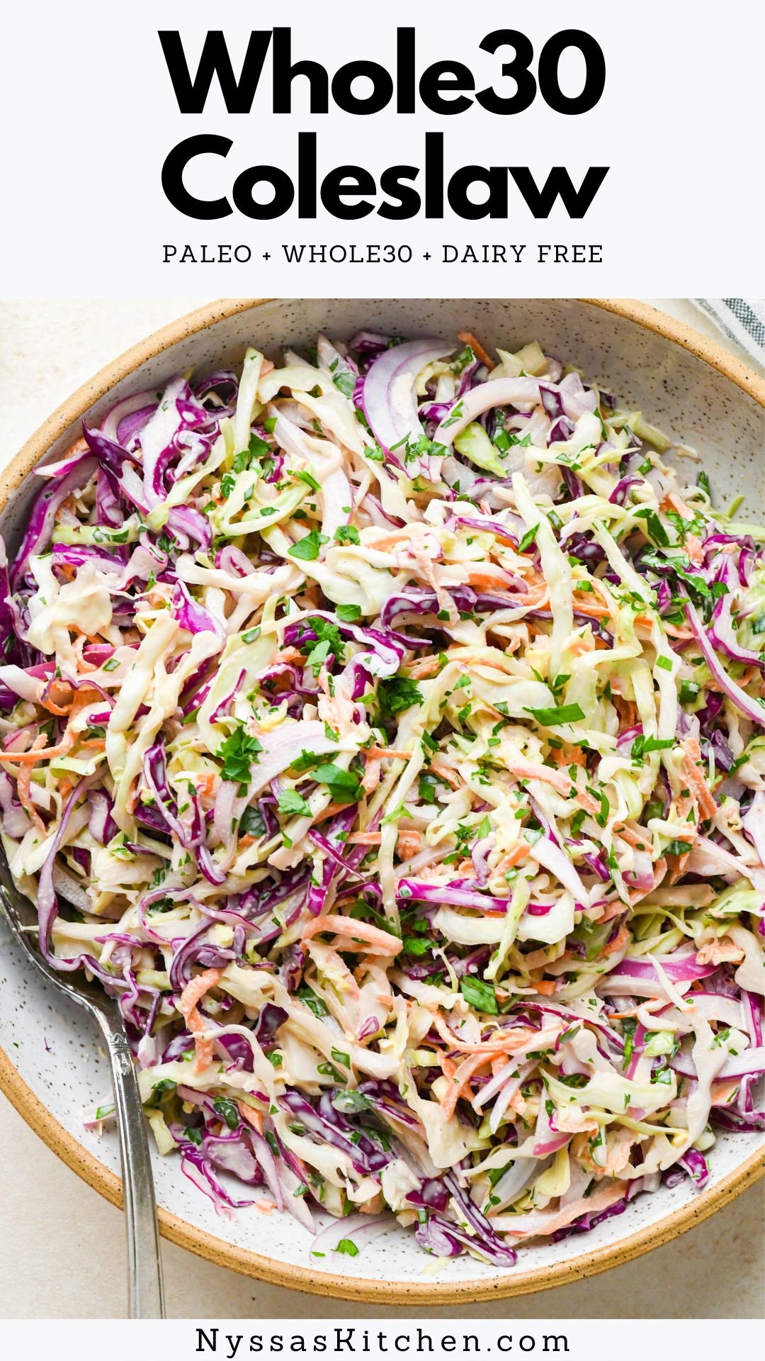 This Whole30 coleslaw is made with fresh and crunchy cabbage, carrots, herbs, and a creamy, tangy dressing. All the flavors you love in a traditional coleslaw recipe without any of the sugar! The perfect side dish for your next BBQ, potluck, or family dinner. Whole30, paleo, gluten free, dairy free, vegan option.
