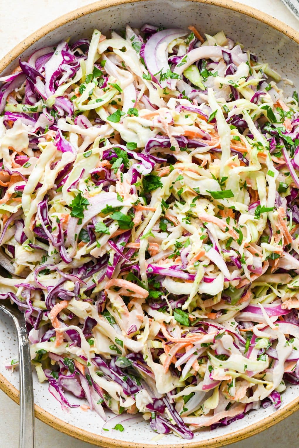 A large white speckled ceramic bowl of creamy Whole30 coleslaw.