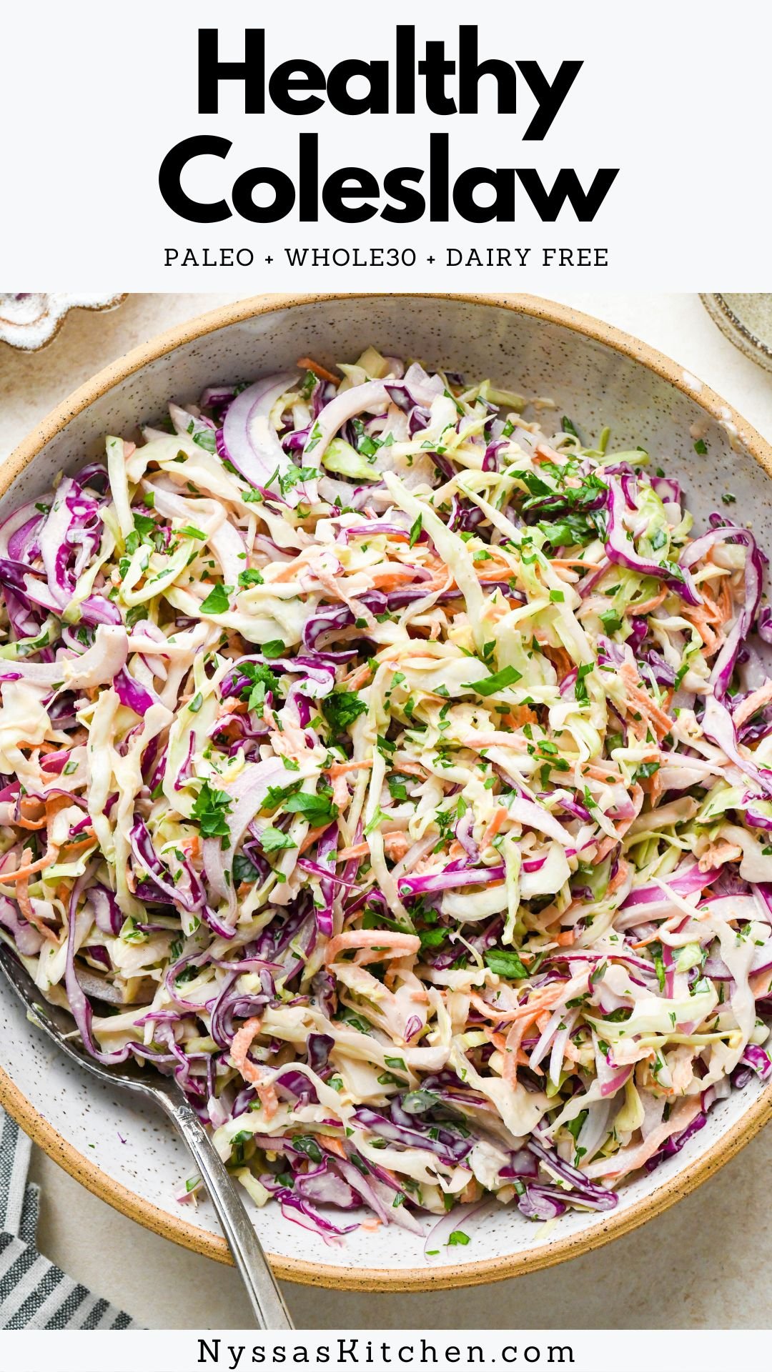 This Whole30 coleslaw is made with fresh and crunchy cabbage, carrots, herbs, and a creamy, tangy dressing. All the flavors you love in a traditional coleslaw recipe without any of the sugar! The perfect side dish for your next BBQ, potluck, or family dinner. Whole30, paleo, gluten free, dairy free, vegan option.