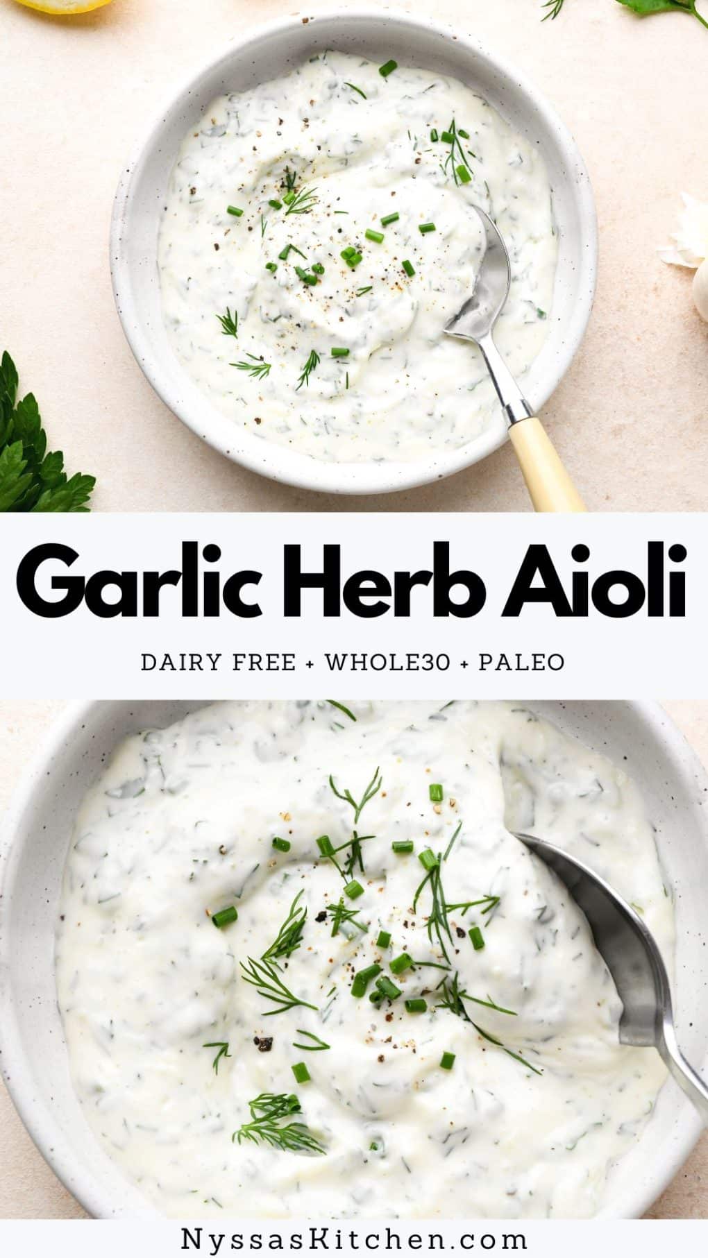 Pinterest pin for garlic herb aioli
